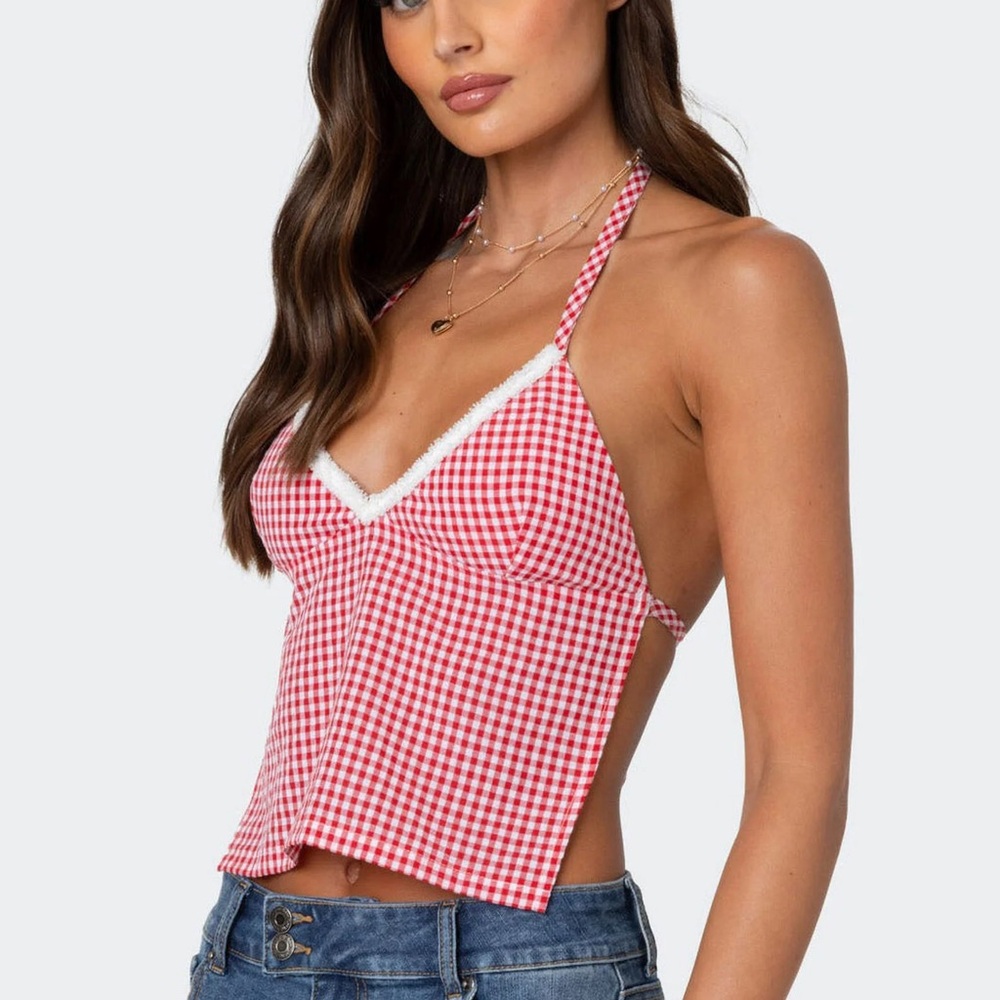 Edikted Charmaine Open Back Gingham Top in Red - Picture 3 of 11
